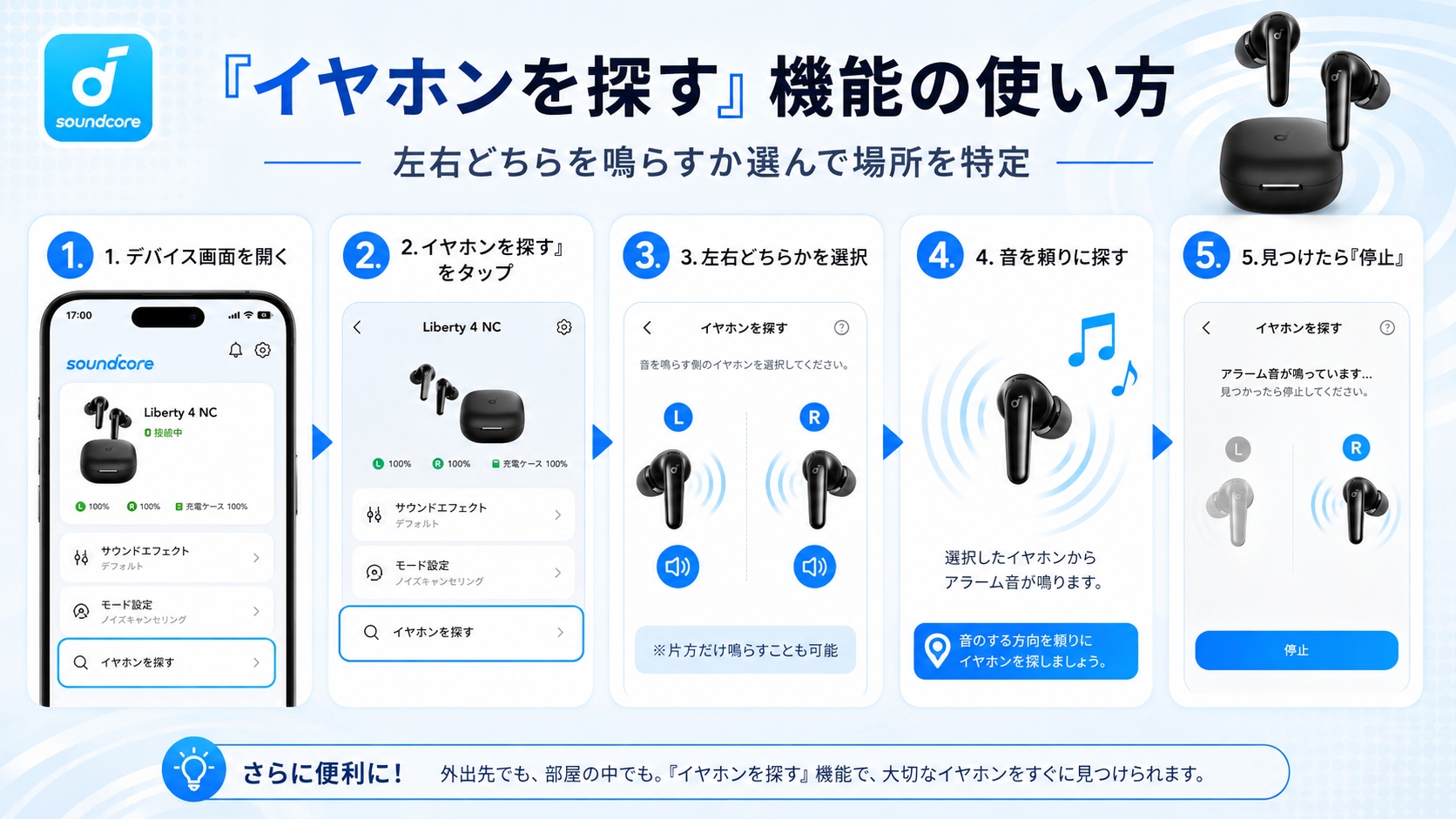 Find My Earbuds（イヤホンを探す）で左右のイヤホンから音を鳴らす操作画面の図解