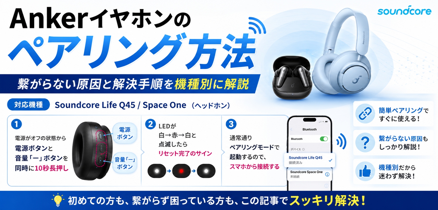 Soundcore Life Q45 / Space Oneペアリング説明画像